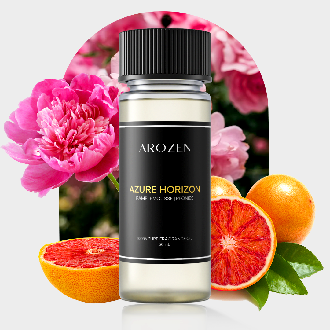 
                  
                    A bottle of Arozen Azure Horizon Fragrance Oil is set before pink peonies and halved blood oranges, emphasizing the floral and citrus notes of AZURE HORIZON by Arozen.
                  
                