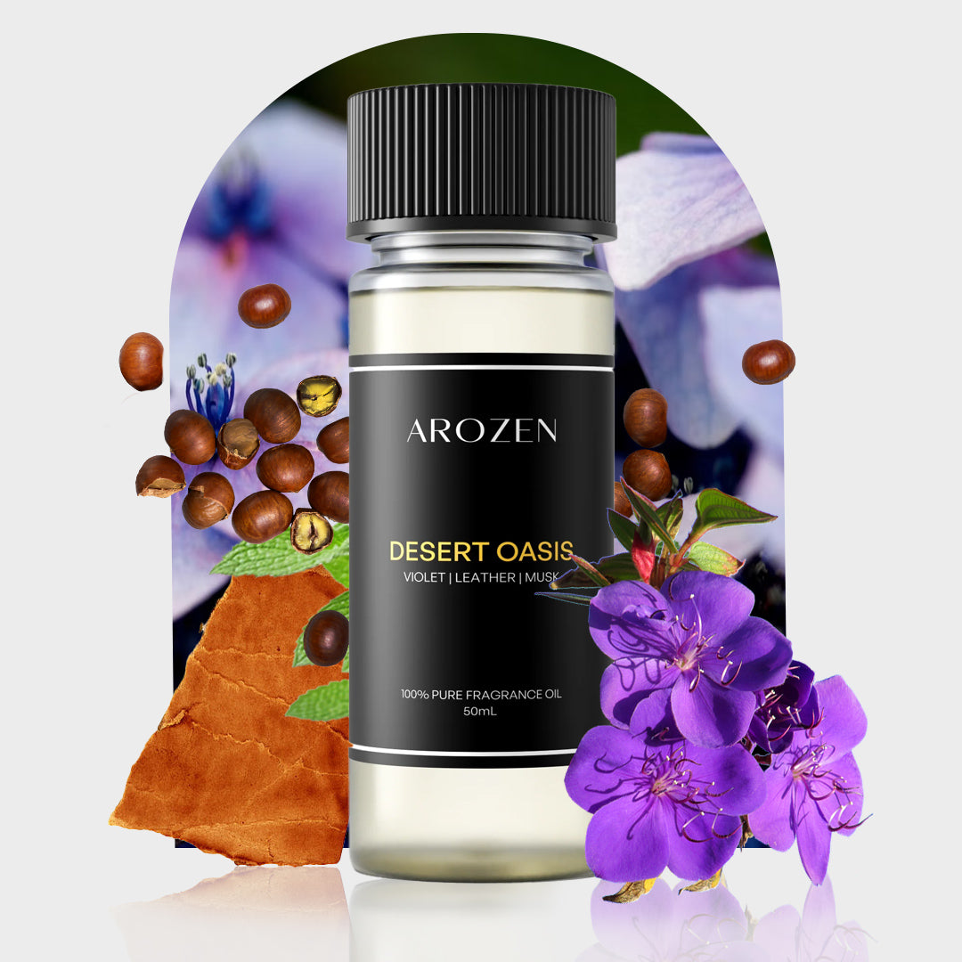
                  
                    A bottle of Arozen DESERT OASIS stands before a vivid mix of violet flowers, brown leather, and seeds, reflecting its fragrance notes of violet, leather, and musk.
                  
                