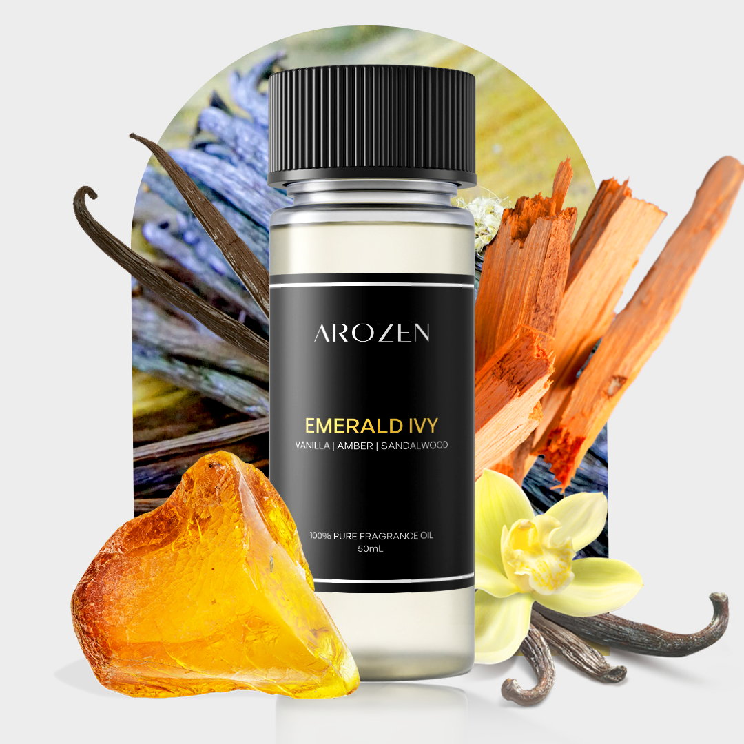 
                  
                    A bottle of Arozen EMERALD IVY is displayed with vanilla beans, sandalwood sticks, amber resin, and a vanilla flower, set against a light background featuring a botanical arch design.
                  
                