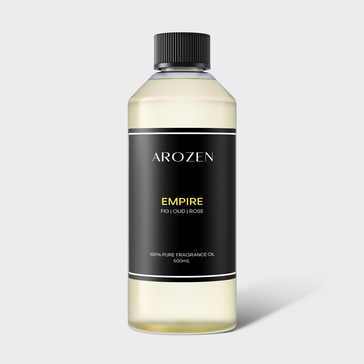 
                  
                    A 500ml clear plastic bottle with a black cap, labeled Arozen EMPIRE and Fig | Oud | Rose, features 100% Pure Fragrance Oil. The EMPIRE Fragrance Oil is set against a light gray background.
                  
                