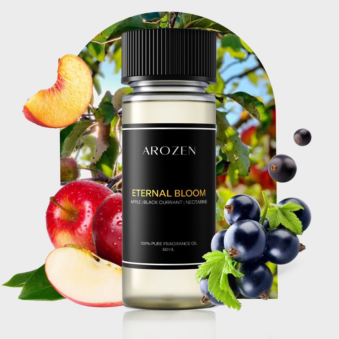 
                  
                    A bottle of Arozen ETERNAL BLOOM is displayed with sliced apples, black currants, and a peach in front, set against the backdrop of an apple orchard.
                  
                