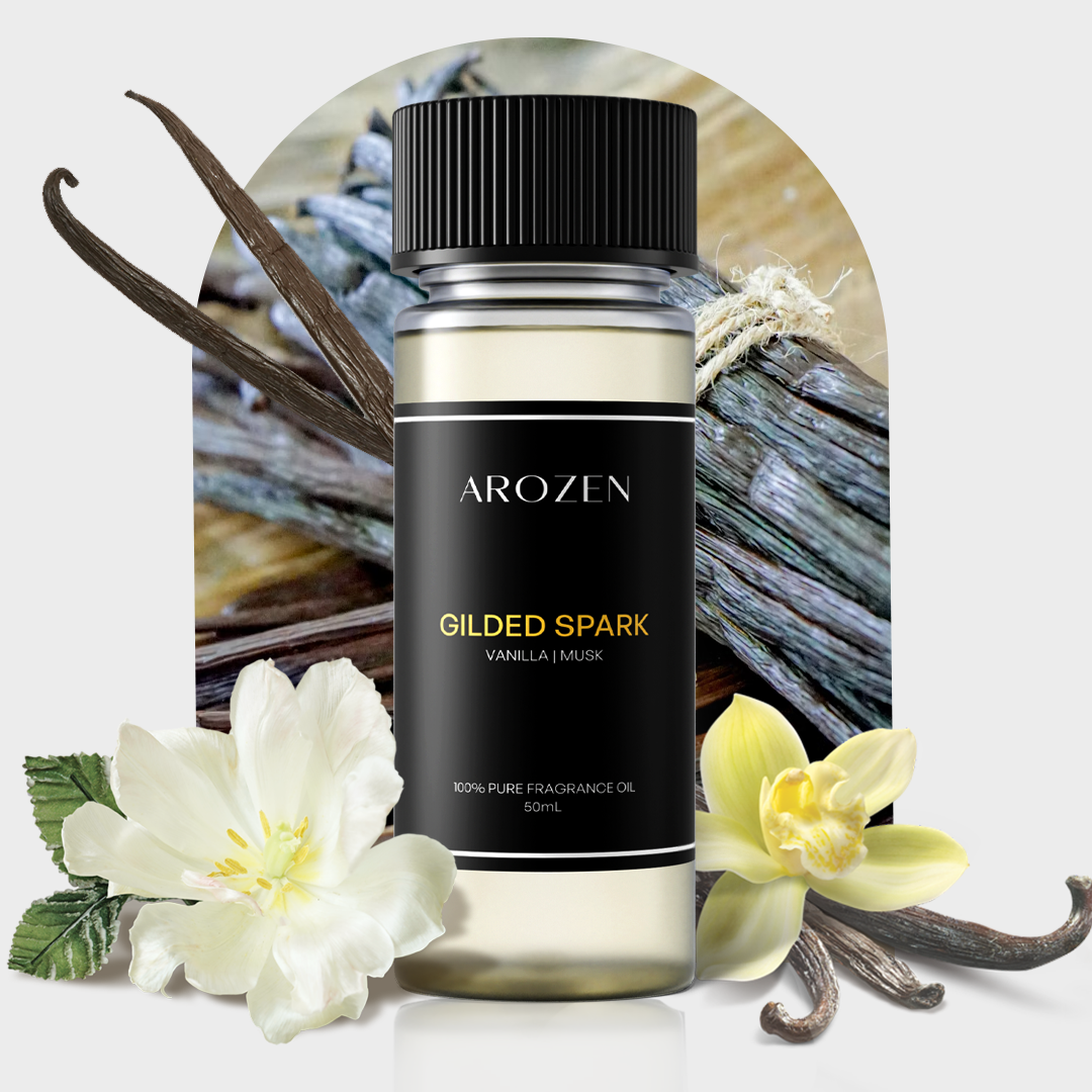 
                  
                    A bottle of Arozen GILDED SPARK fragrance oil is displayed before vanilla pods and flowers, with a soft background of vanilla beans, evoking the essence of this premium scent.
                  
                