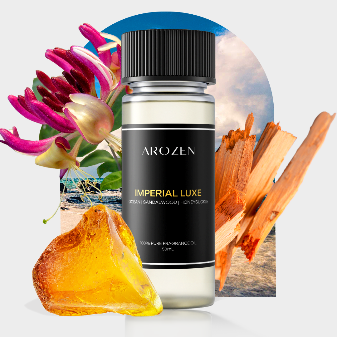 
                  
                    A bottle of Arozen IMPERIAL LUXE is surrounded by sandalwood, honeysuckle, amber, and a beach scene, reflecting the fragrance’s key notes.
                  
                