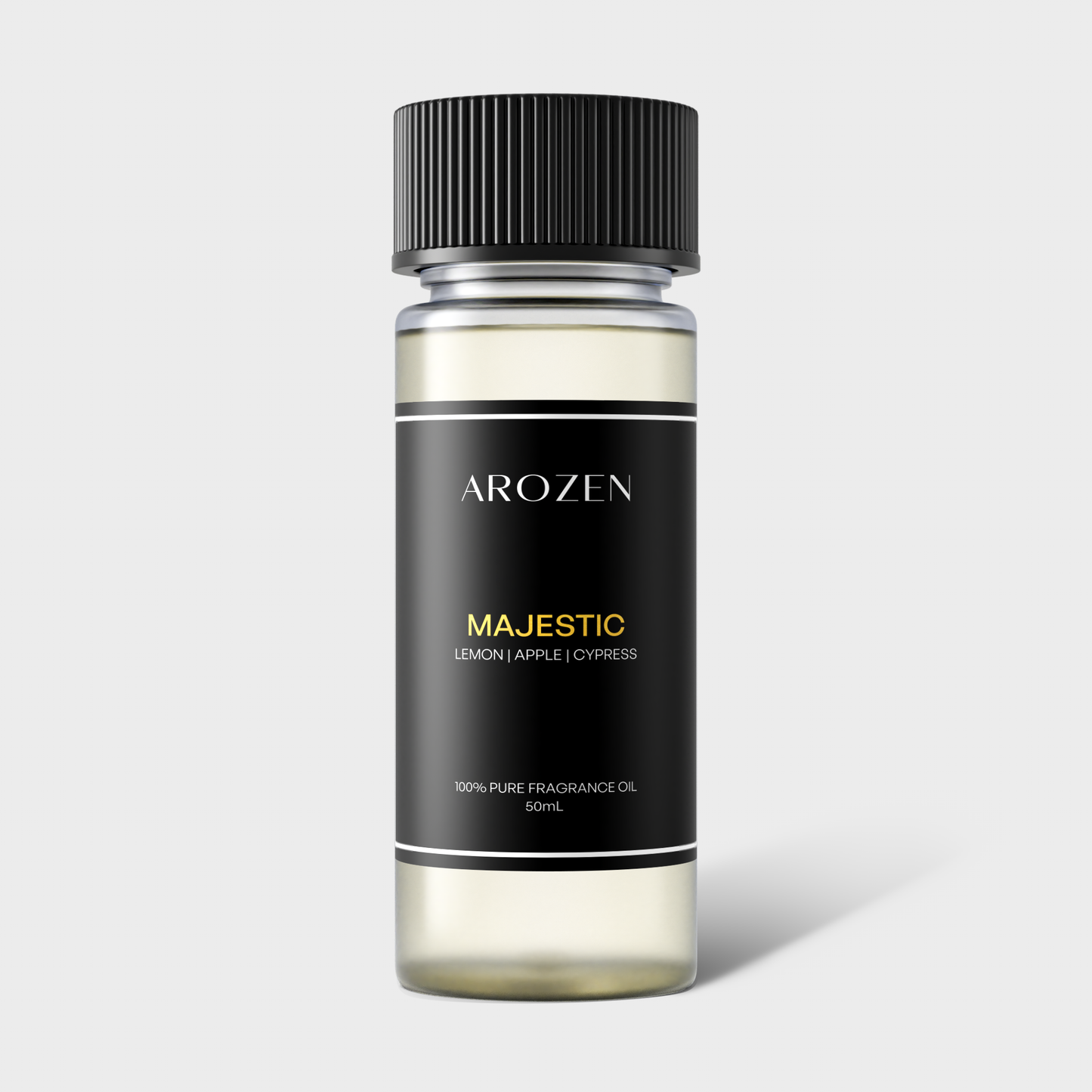 
                  
                    Arozen’s MAJESTIC fragrance oil comes in a clear 50ml bottle with a black ribbed cap and a sleek black-gold label, highlighting notes of lemon, apple, and cypress to capture the essence of premium perfumery.
                  
                