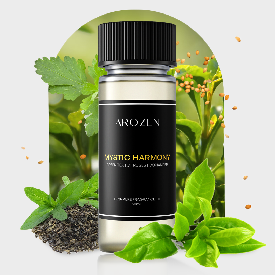 
                  
                    A bottle of Arozen MYSTIC HARMONY is showcased before green tea leaves, citrus leaves, coriander, and loose tea, emphasizing its high-quality natural ingredients.
                  
                