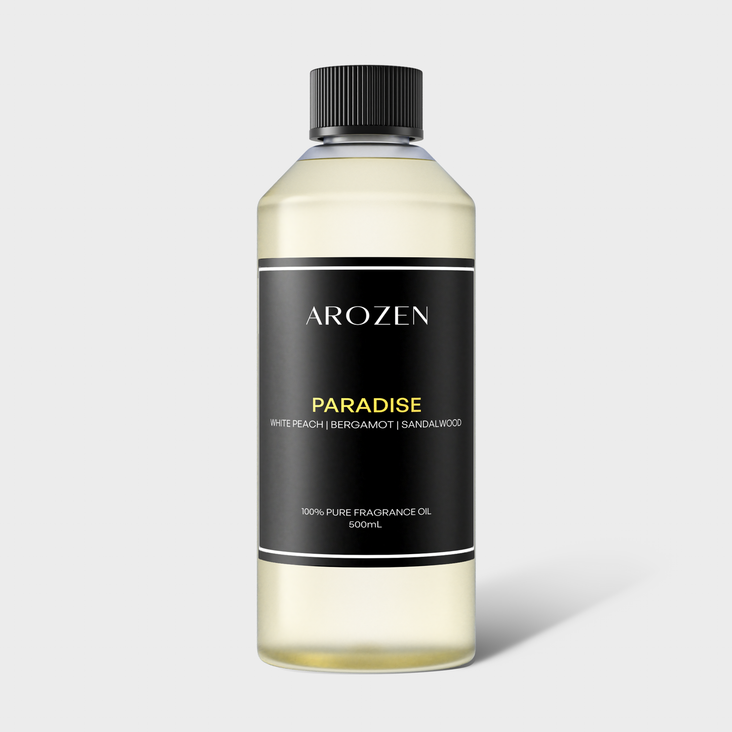 
                  
                    Arozen PARADISE fragrance oil (500mL) in a clear bottle with black cap and label features notes of White Peach, Bergamot & Sandalwood. 100% pure, ideal for the Paradise Electric Scent Diffuser.
                  
                