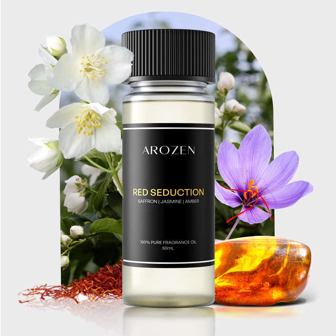 
                  
                    A bottle of Arozen RED SEDUCTION is displayed in front of white jasmine flowers, a purple saffron flower, saffron threads, and amber on a light background.
                  
                