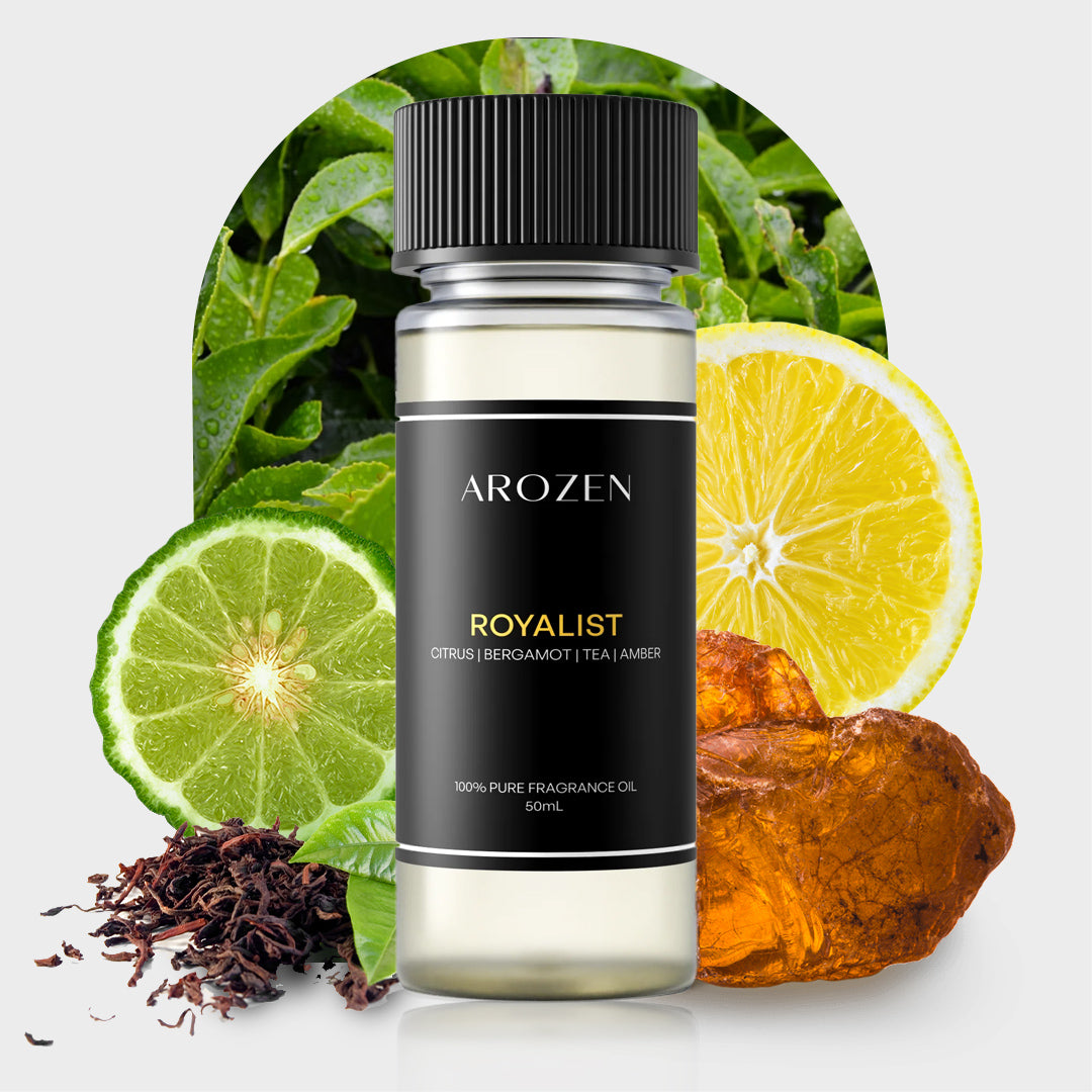 
                  
                    A bottle of Arozen ROYALIST sits before green leaves, bergamot, lemon slices, black tea leaves, and amber resin. The label reads “Royalist: Citrus | Bergamot Tea | Amber.”.
                  
                