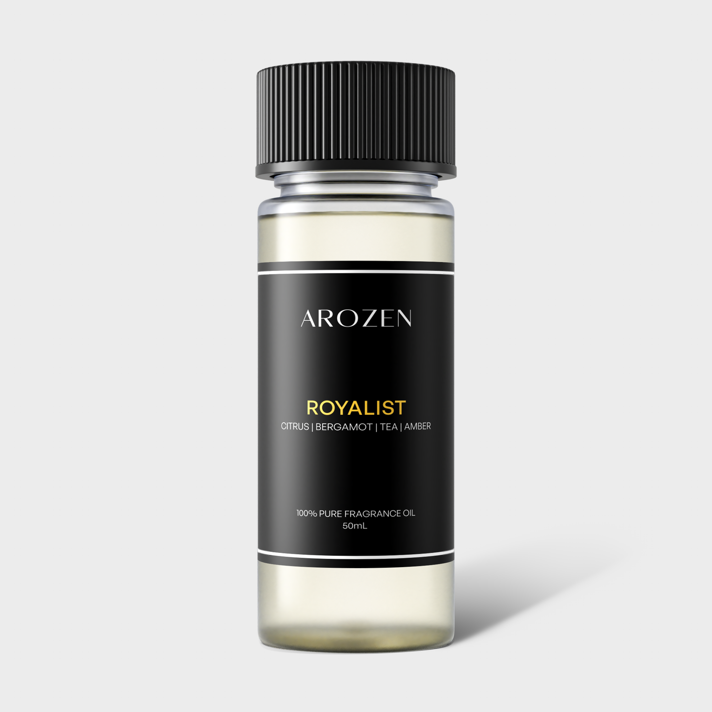 
                  
                    Arozen ROYALIST is a clear 50mL bottle with a black cap and label, offering 100% pure fragrance oil with citrus, bergamot, tea, and amber notes for a luxurious scent experience.
                  
                