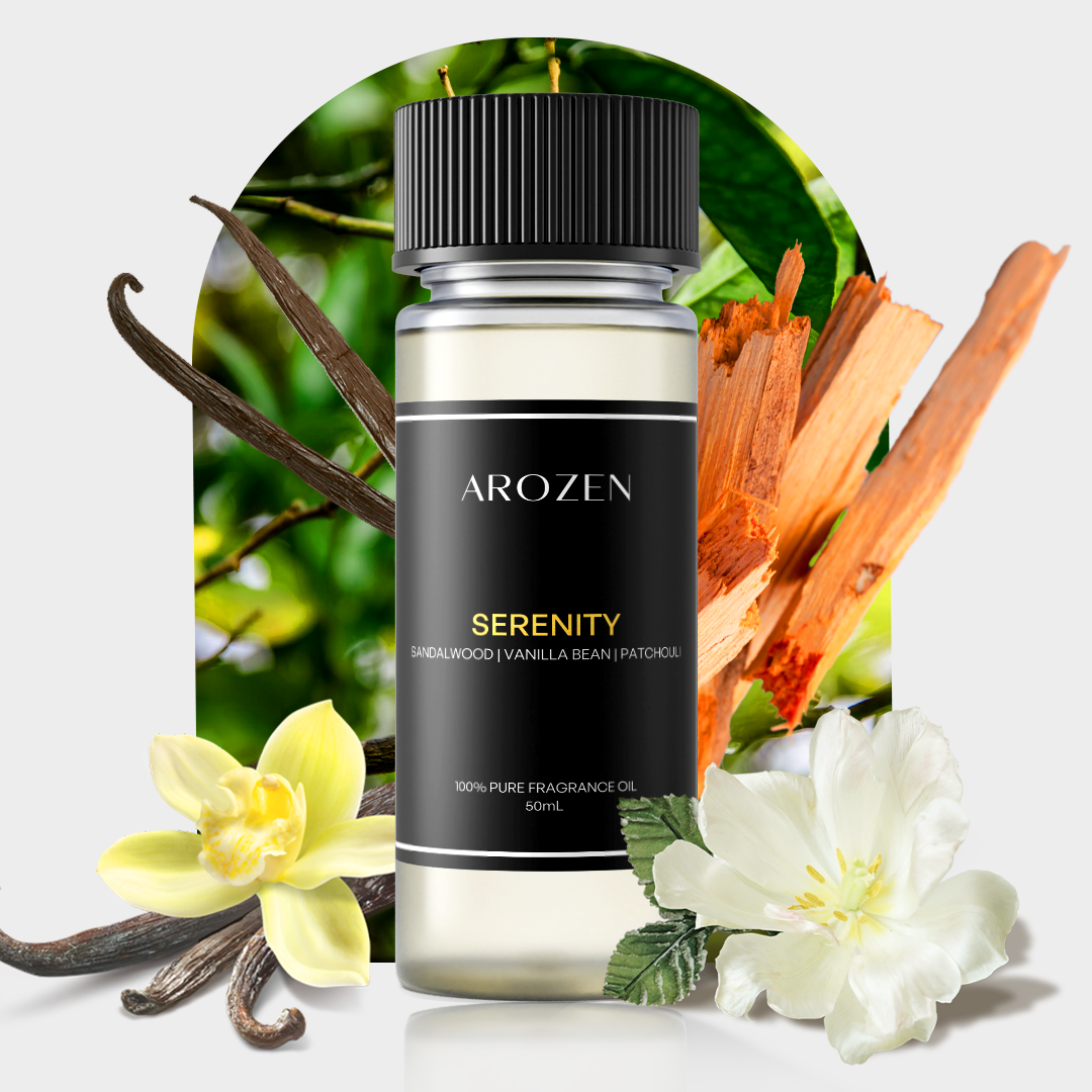 
                  
                    A bottle of Arozen SERENITY is surrounded by vanilla beans, vanilla flower, patchouli leaves, sandalwood chips, and a white blossom against a lush green backdrop.
                  
                
