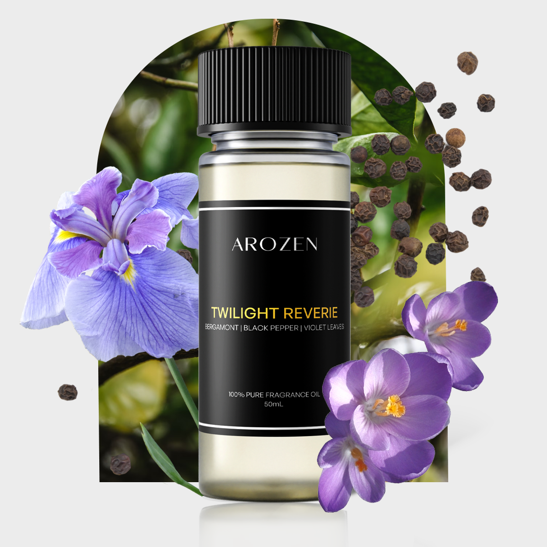 
                  
                    A bottle of Arozen TWILIGHT REVERIE sits among violet sprigs, iris, and black peppercorns against a soft backdrop. Its label features notes of bergamot, black pepper, and violet leaf.
                  
                