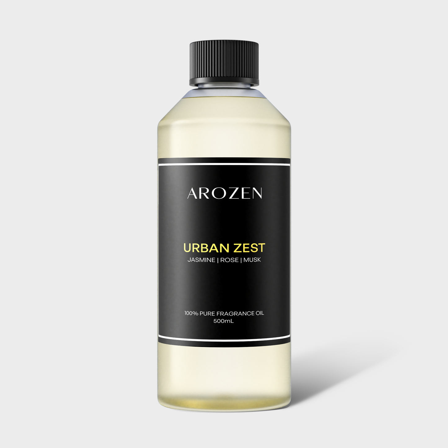 
                  
                    A clear 500ml bottle with a black screw cap and a black label reading URBAN ZEST—this pure fragrance oil combines jasmine, rose, and musk, designed for your Electric Scent Diffuser. White and yellow text highlight the product’s dynamic scent blend.
                  
                