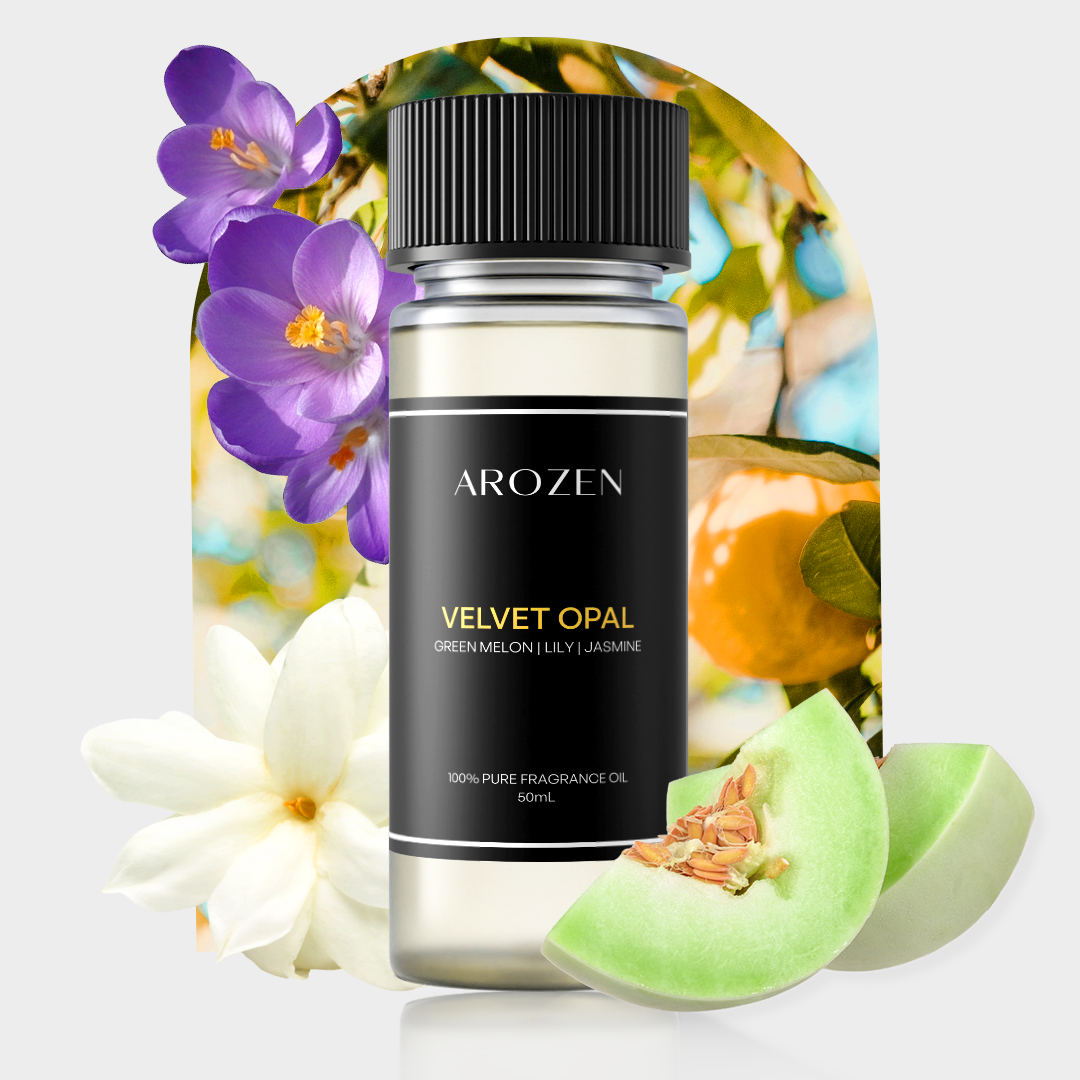 
                  
                    A bottle of Arozen VELVET OPAL sits among purple lilies, white jasmine, green melon slices, and an orange, all set against a vibrant, nature-inspired background.
                  
                