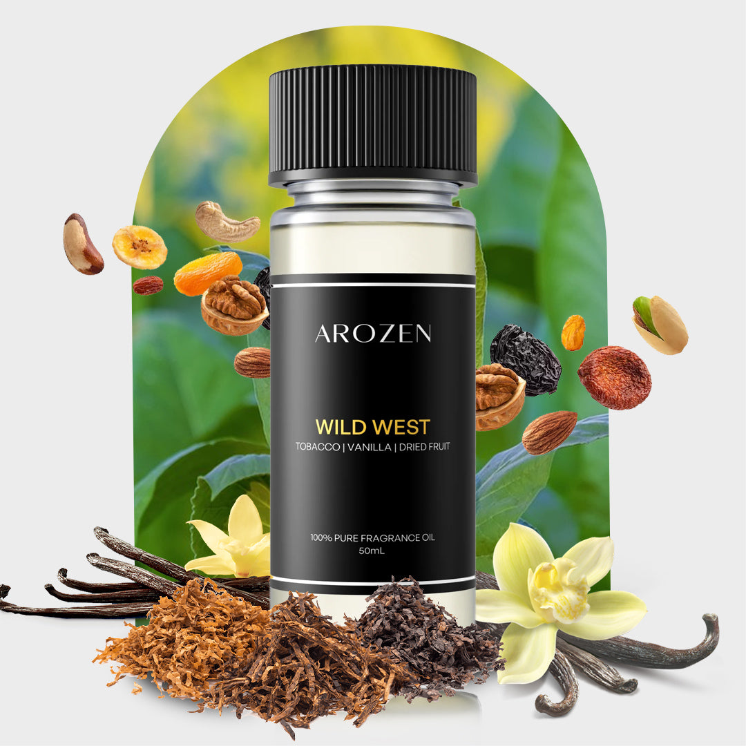 
                  
                    A bottle of Arozen WILD WEST is surrounded by vanilla flowers, tobacco leaves, dried fruits, nuts, and spices on a green leafy background. Its label showcases captivating notes of tobacco, vanilla, and dried fruit.
                  
                